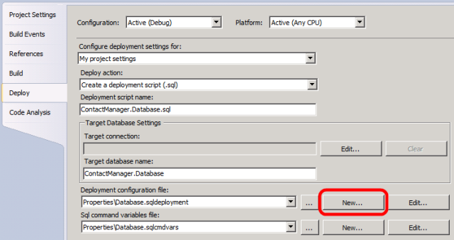 En la página de propiedades del proyecto de base de datos, en la pestaña Implementar, en la fila Archivo de configuración de implementación, haga clic en Nuevo.