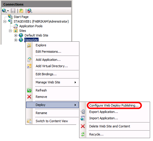 En el Administrador de IIS, en el panel Conexiones, haga clic con el botón derecho en el nodo del sitio web (por ejemplo, DemoSite), seleccione Implementar y, a continuación, haga clic en Configurar publicación de web Deploy.