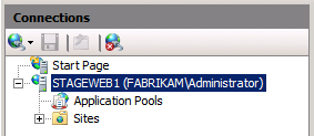 En el Administrador de IIS, en el panel Conexiones, haga clic en el nodo de servidor (por ejemplo, STAGEWEB1).