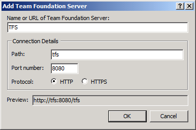 En el cuadro de diálogo Agregar Team Foundation Server, proporcione los detalles de la instancia de TFS y, a continuación, haga clic en Aceptar.