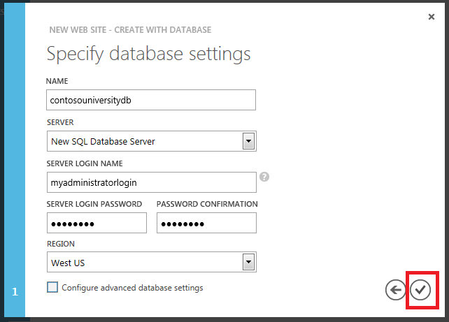 Paso Configuración de base de datos del nuevo sitio web: Crear con el Asistente para bases de datos