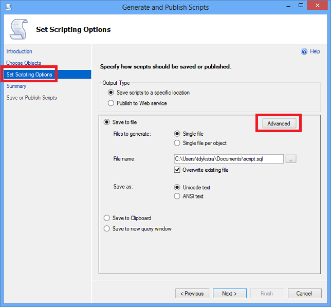 Opciones de scripting de SSMS