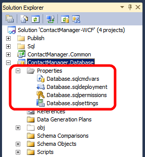 Si abre la solución de ejemplo Contact Manager en Visual&nbsp;Studio&nbsp;2010, verá que el proyecto de base de datos incluye una carpeta Properties que contiene cuatro archivos.