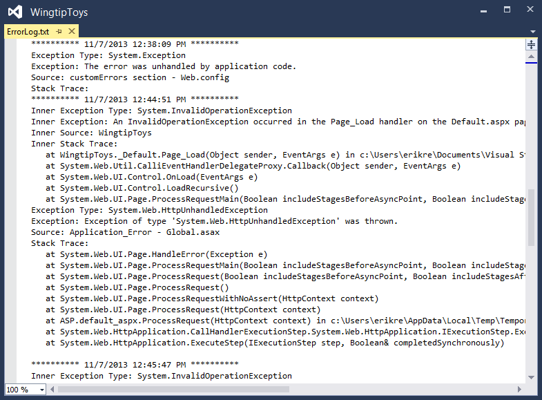 Control de errores de ASP.NET: ErrorLog.txt