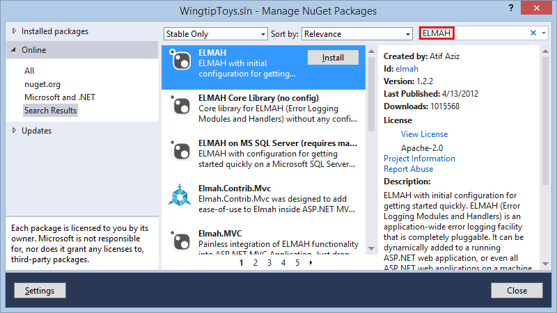 control de errores de ASP.NET: paquete NuGet ELMA
