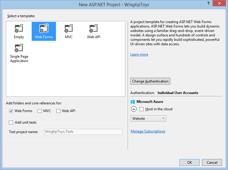 Captura de pantalla de la ventana Nuevo ASP.NET Proyecto con la plantilla formularios Web Forms y el botón Aceptar seleccionado.