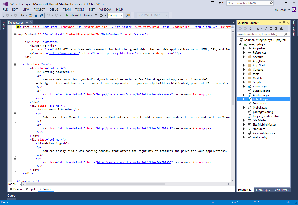 Captura de pantalla de la ventana Microsoft Visual Studio Express 2013 para Web que muestra la página de Default.aspx.