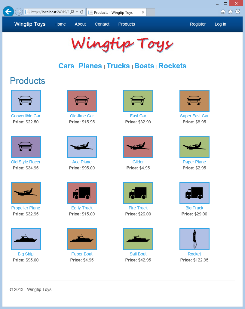 Captura de pantalla de la página de ProductList.aspx que muestra toda la lista de productos.