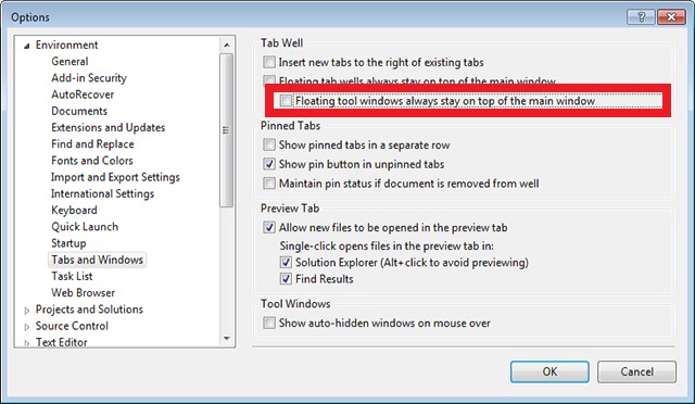 Desactiva la casilla de ventanas de herramientas flotantes para usar ALT+TAB entre Visual Studio y la ventana del Inspector de Páginas desanclada