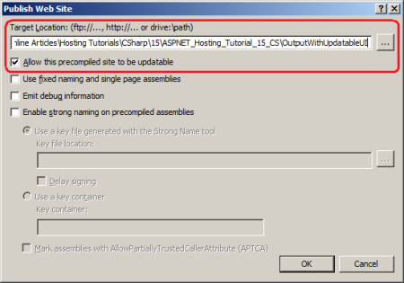 Captura de pantalla que resalta cómo la herramienta de compilación s p dot NET precompila el sitio web.