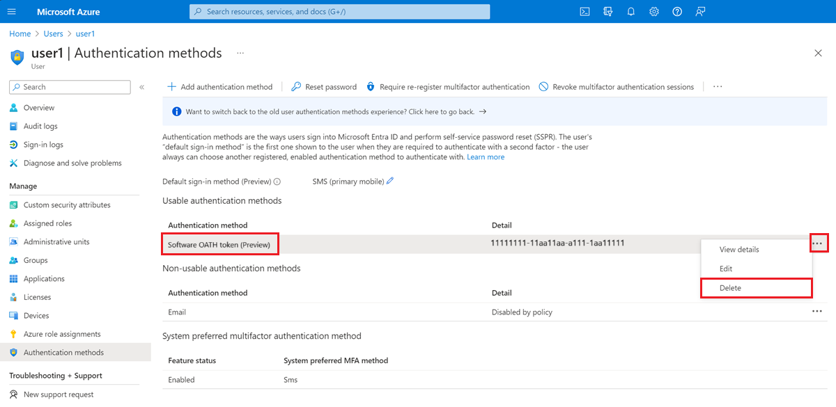 Captura de pantalla de la página Métodos de autenticación en Azure Portal con el elemento de menú Métodos de autenticación, método de autenticación de token OATH de software y el botón Eliminar resaltado