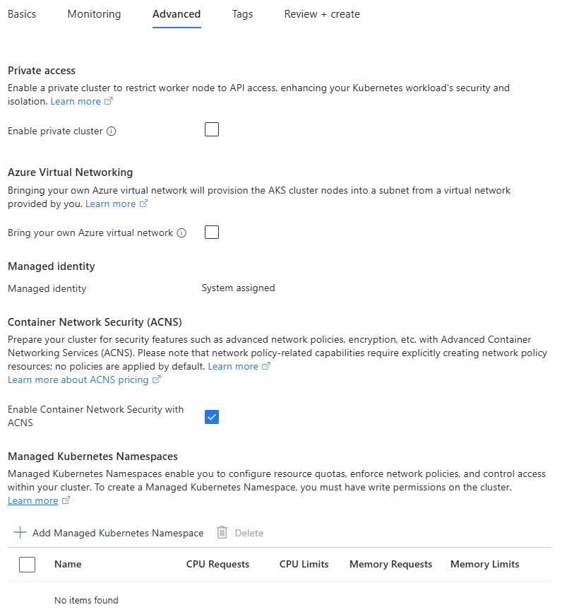 La captura de pantalla de la pestaña Avanzadas al crear un clúster automático de AKS en el portal de Azure.