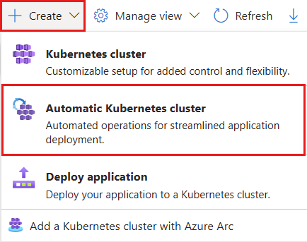  Captura de pantalla del botón Crear clúster de AKS automático en el Azure portal.