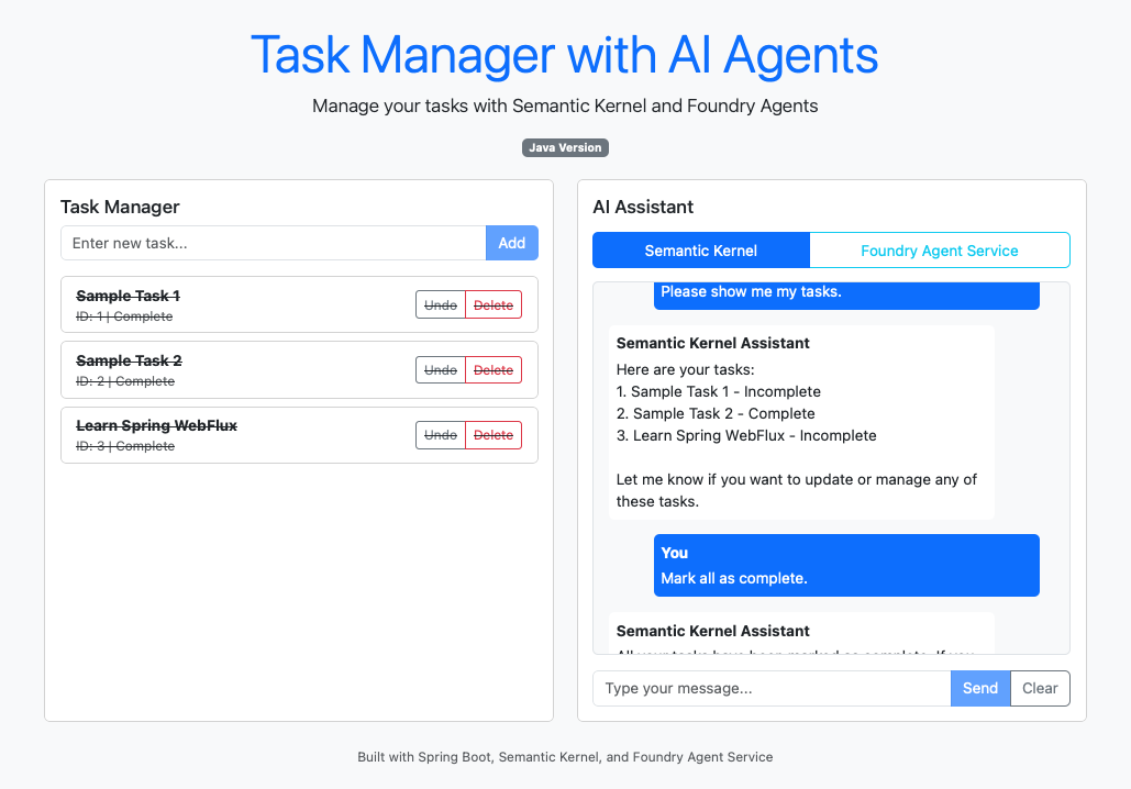 Captura de pantalla de una sesión de finalización de chat con un agente de kernel semántico.