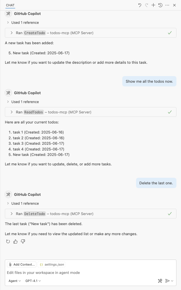 Captura de pantalla que muestra gitHub Copilot que llama al servidor Todos MCP hospedado en Azure App Service.