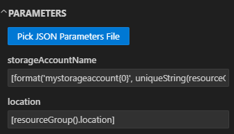 Captura de pantalla del archivo de selección de parámetros en el panel de implementación en Visual Studio Code.