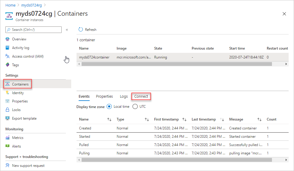 Captura de pantalla de la opción de instancia del contenedor de conexión del script de implementación en Azure Portal.