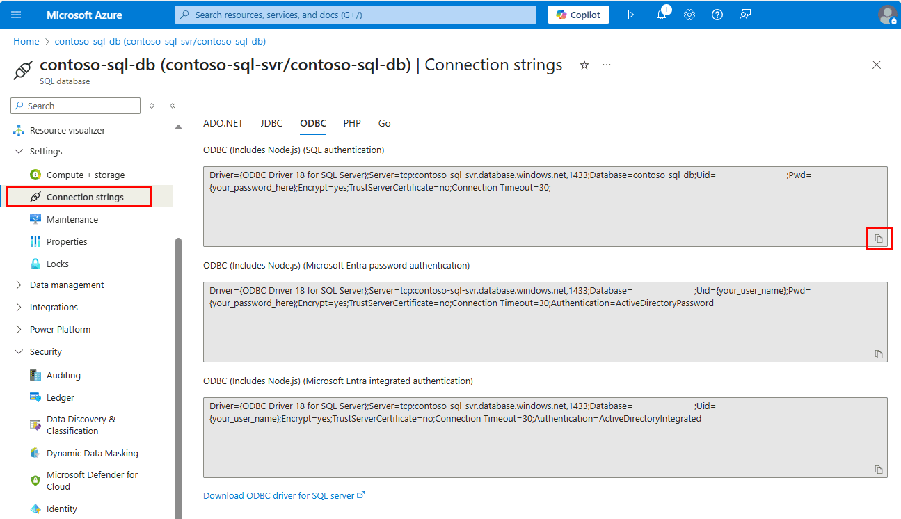 Captura de pantalla del portal de Azure de una cadena de conexión ODBC.