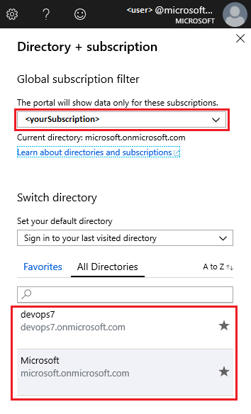 Captura de pantalla de Azure&nbsp;Portal que muestra la página de filtro Directorio + suscripción, donde elegiría el directorio.