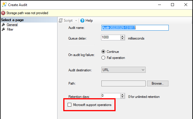 Captura de pantalla de SQL Server Management Studio que muestra la casilla de operaciones de soporte de Microsoft.