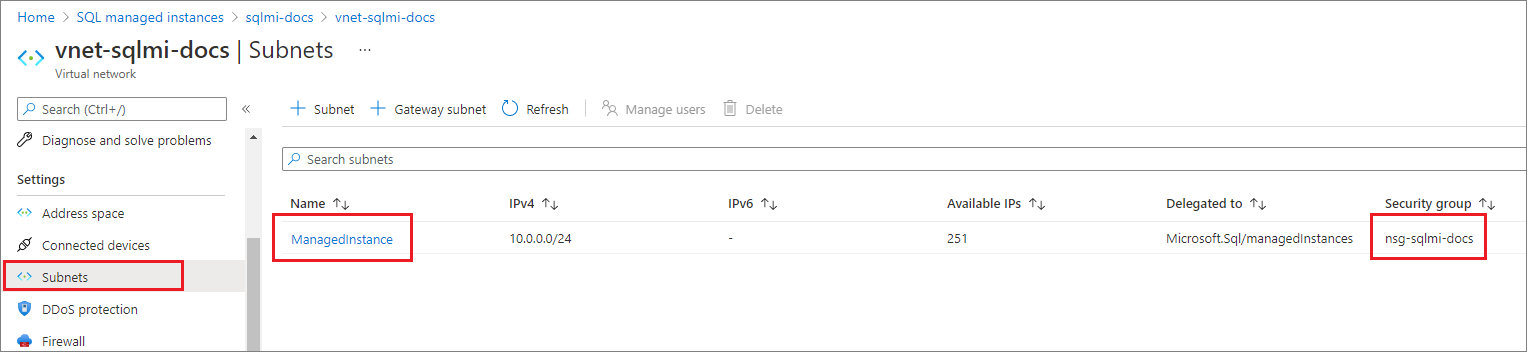 Captura de pantalla que muestra la pestaña Subred, donde puede localizar el GRUPO DE SEGURIDAD de su instancia administrada de SQL.