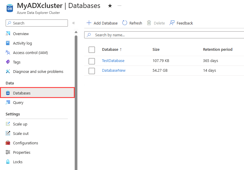 Captura de pantalla de la sección de bases de datos del clúster que muestra una lista de las bases de datos que contiene.
