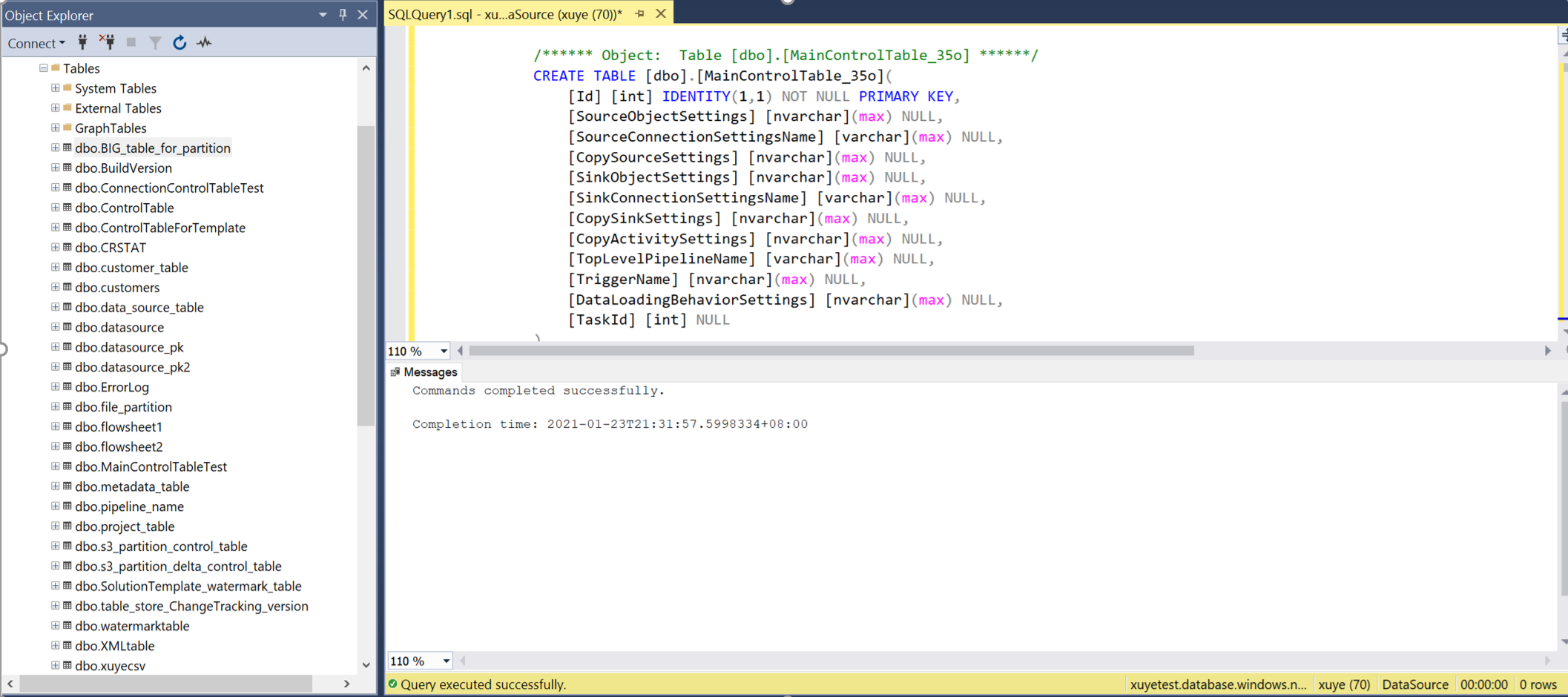 Creación del script para la tabla de control