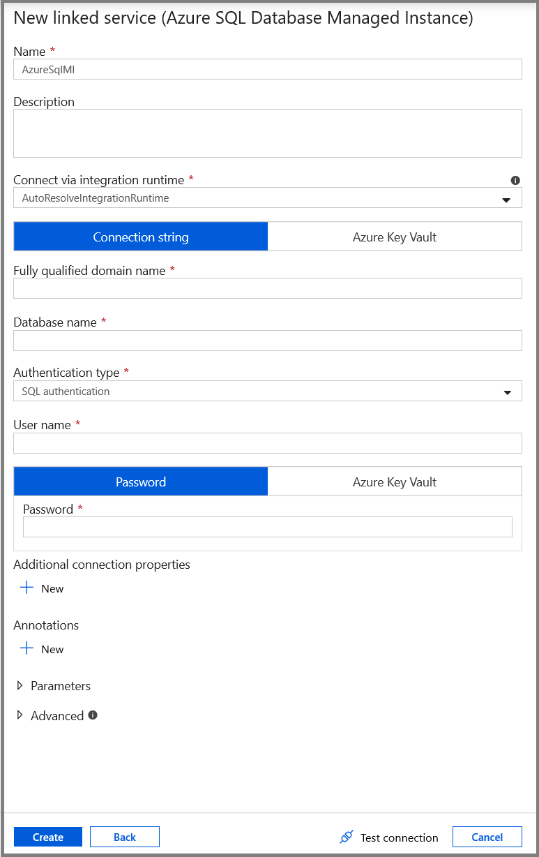 Configuración del servicio vinculado de base de datos de Azure SQL MI