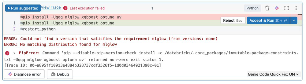 Captura de pantalla de la interfaz de usuario de Genie Code para la corrección de errores en línea.
