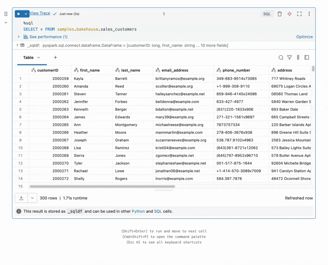 GIF animado muestra Genie Code filtrando una tabla de clientes de panadería para hombres en Estados Unidos.