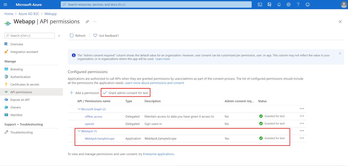 Azure Portal en la que se muestran los permisos de api de aplicación.