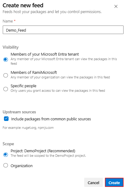 Captura de pantalla que muestra cómo crear una nueva fuente en Azure DevOps Services.
