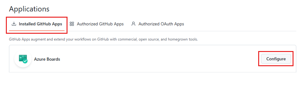 La captura de pantalla muestra las aplicaciones de GitHub instaladas con Azure Boards y la opción de configuración.