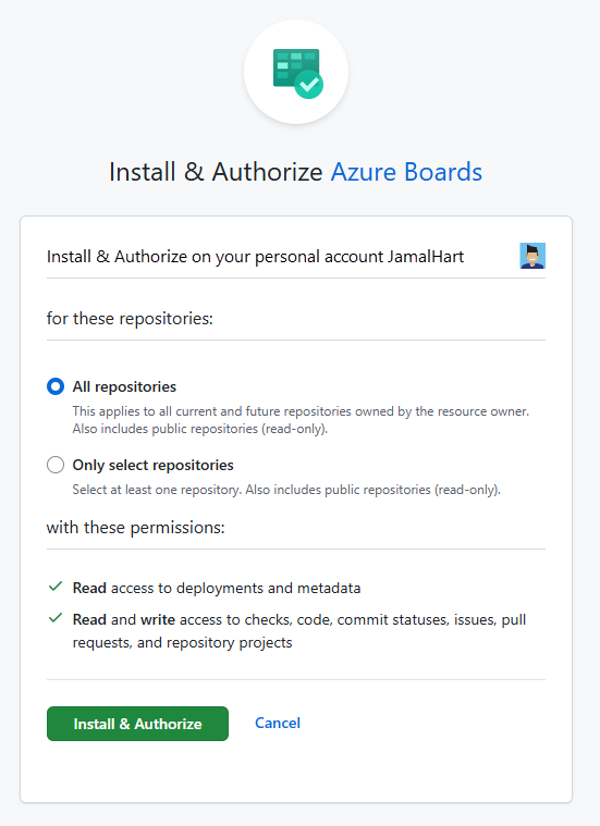 Captura de pantalla que muestra la página Instalar y autorizar con todos los repositorios seleccionados.