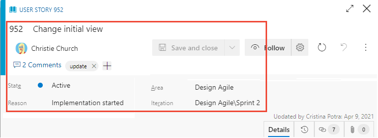 Captura de pantalla que muestra campos comunes en el formulario de elemento de trabajo para todos los tipos de elementos de trabajo.