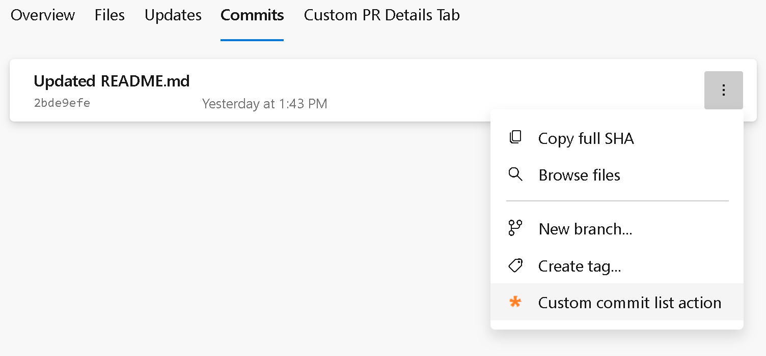 Captura de pantalla del menú de la lista de confirmaciones de Git.