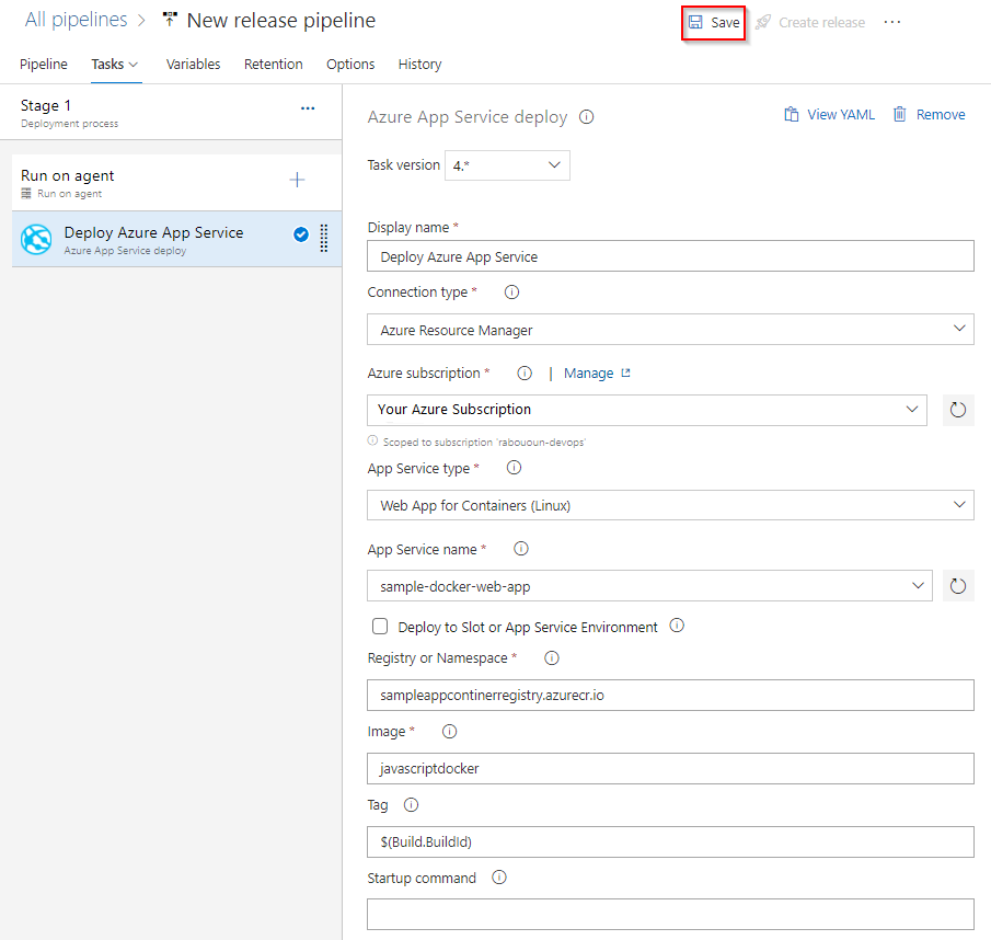 Captura de pantalla de la tarea implementar Azure App Service.
