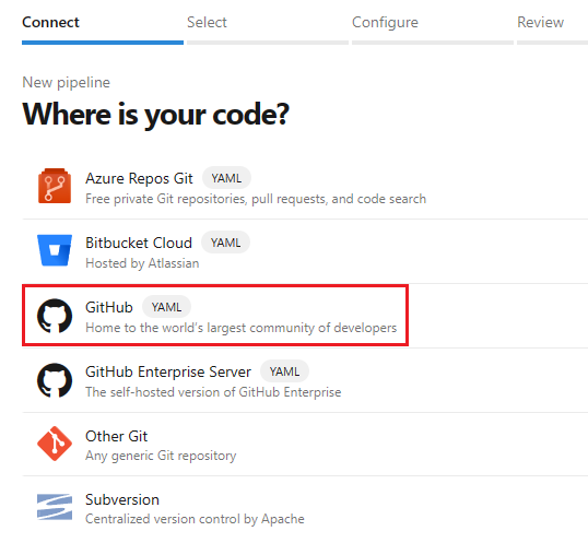 Captura de pantalla de la selección de GitHub como ubicación del código.