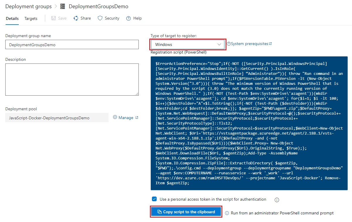 Captura de pantalla que muestra cómo crear un grupo de implementación en Azure Pipelines.