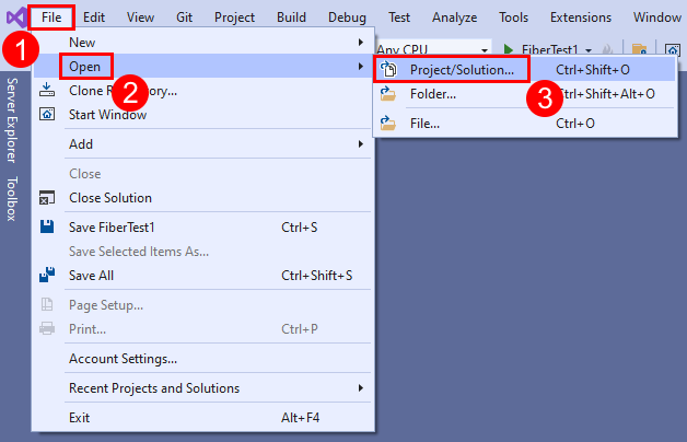 Captura de pantalla de la opción Abrir solución en el menú Archivo de Visual&nbsp;Studio.