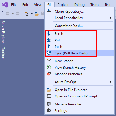 Captura de pantalla de las opciones Recuperar cambios, Incorporar cambios, Enviar cambios y Sincronizar del menú de Git en Visual&nbsp;Studio