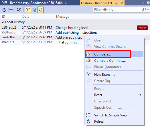 Captura de pantalla de la opción Comparar confirmaciones en el menú contextual de confirmación en la vista Historial de confirmaciones en Visual Studio.