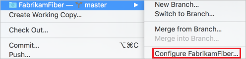 Captura de pantalla que muestra cómo configurar la configuración del proyecto de Git de Xcode.
