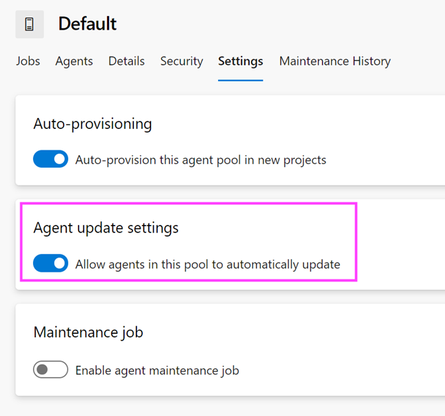 Captura de pantalla de la página de Configuración predeterminada con la opción de actualización del agente activada y resaltada.