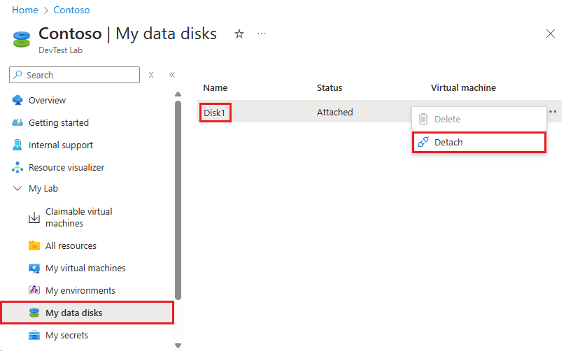 Recorte de pantalla de desconexión de un disco de datos desde el menú contextual del listado.