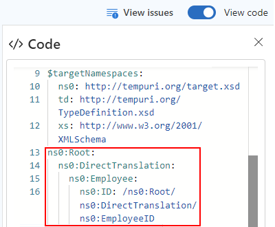 Captura de pantalla que muestra el panel Código con asignación directa entre EmployeeID e ID en los esquemas de origen y destino, respectivamente.