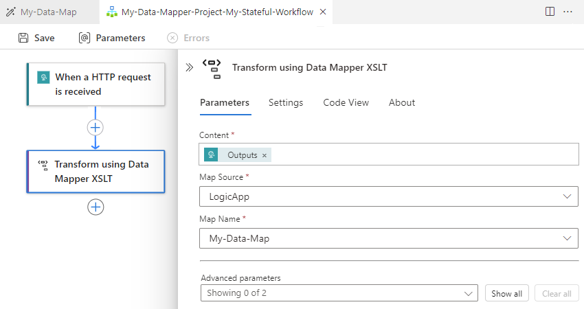 Captura de pantalla que muestra Visual Studio Code, diseñador de flujo de trabajo estándar, con la acción seleccionada denominada Transformar mediante XSLT del Asignador de datos y las propiedades de acción.