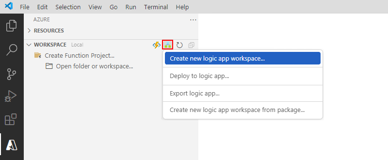 Captura de pantalla que muestra el panel de Azure, la barra de herramientas del área de trabajo, el menú Azure Logic Apps y el elemento seleccionado, Creación de un área de trabajo de aplicación lógica.