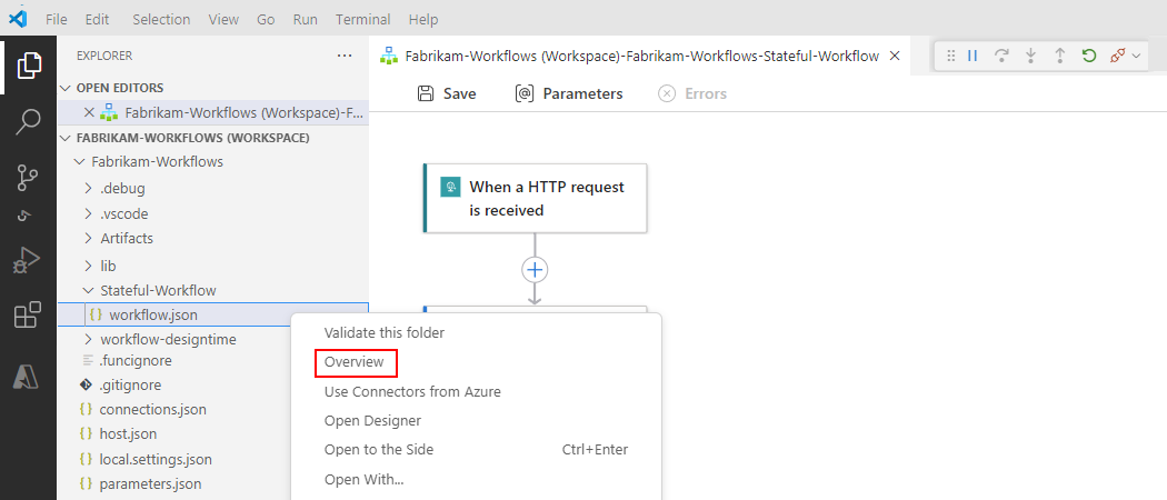 Captura de pantalla que muestra el panel Explorador, workflow.json menú contextual del archivo con la opción seleccionada, Información general.