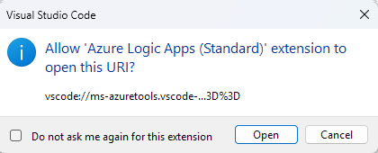 Captura de pantalla que muestra la solicitud de extensión para abrir las herramientas de Microsoft Azure.